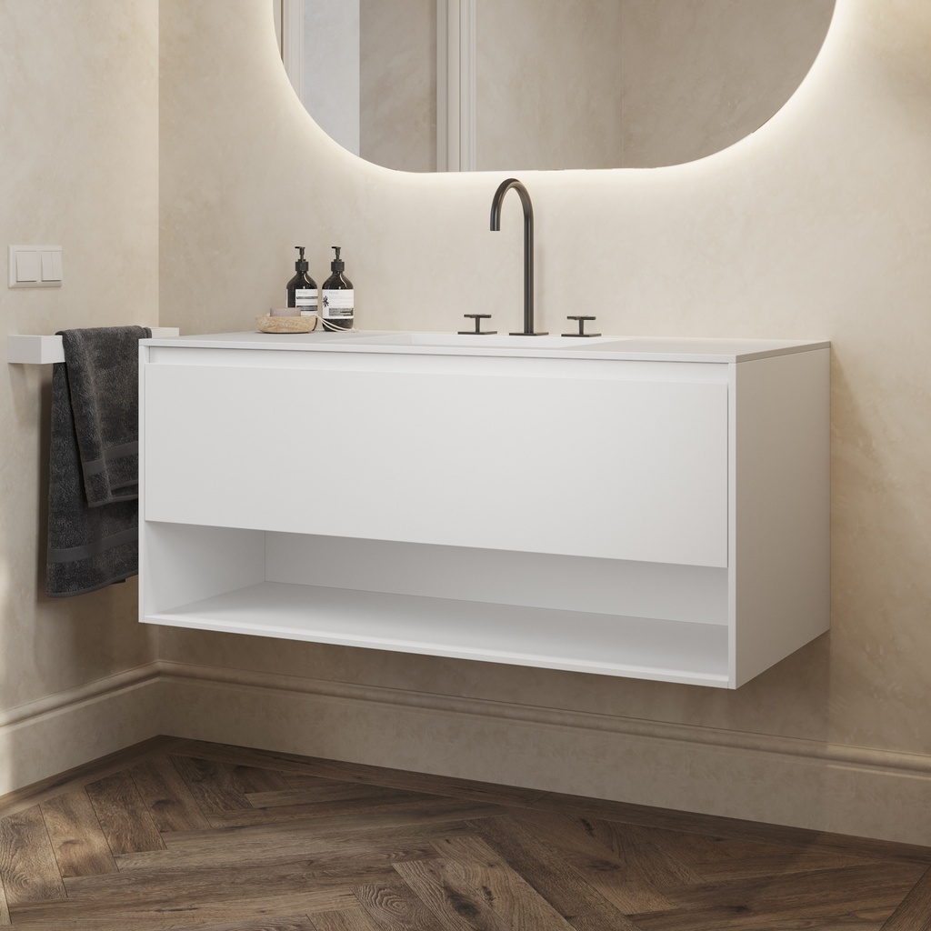 Athena Classic Edge Vanity Unit with Corian Basin 1 Drawer 1 Shelf Comfort Size White Std handle Side