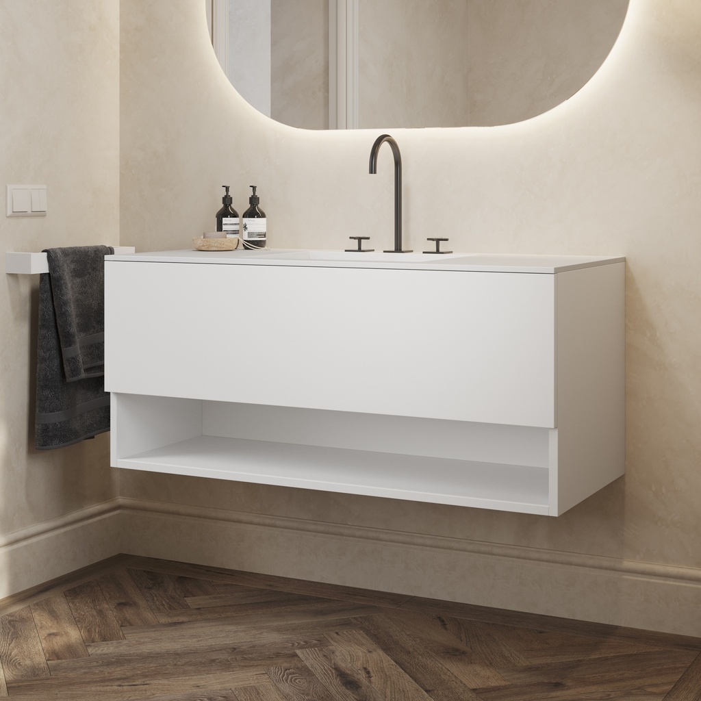Athena Classic Vanity Unit with Corian Basin 1 Drawer 1 Shelf Comfort Size White Push Pull Side