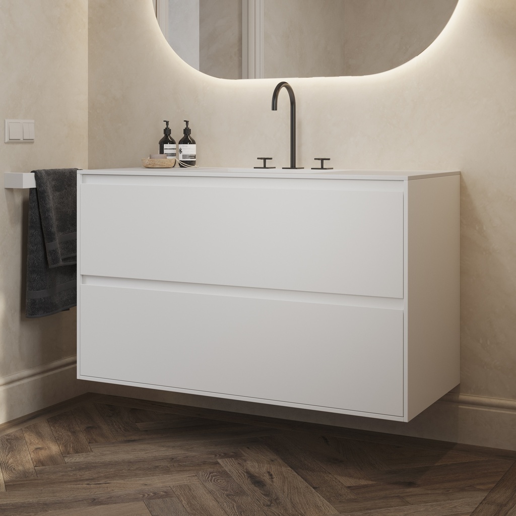 Gaia Classic Edge Vanity Unit with Corian Basin 2 Stacked Drawers White Std handle Side View