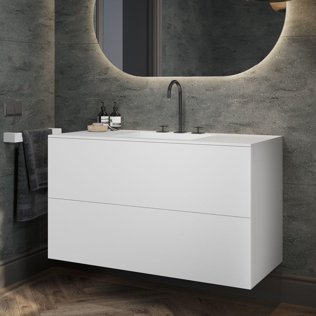 Gaia Corian Vanity Unit with Corian Basin 2 Stacked Drawers White Push Side View