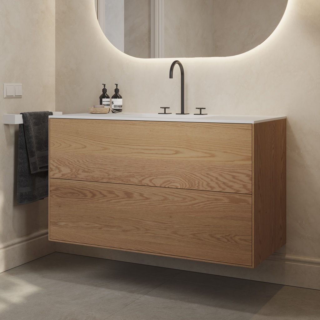 Gaia Wood Edge Vanity Unit with Corian Basin 2 Stacked Drawers Pure Push Side View
