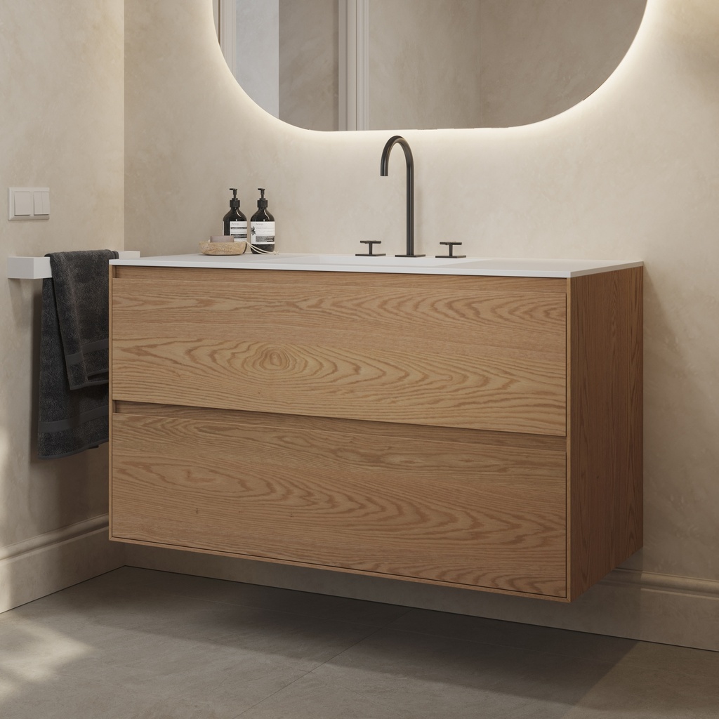 Gaia Wood Edge Vanity Unit with Corian Basin 2 Stacked Drawers Pure Std handle Side View
