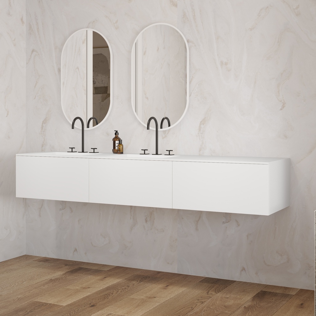 Gaia Corian Vanity Unit with Corian Basin 3 Aligned Drawers Luxe Size White Push Side View