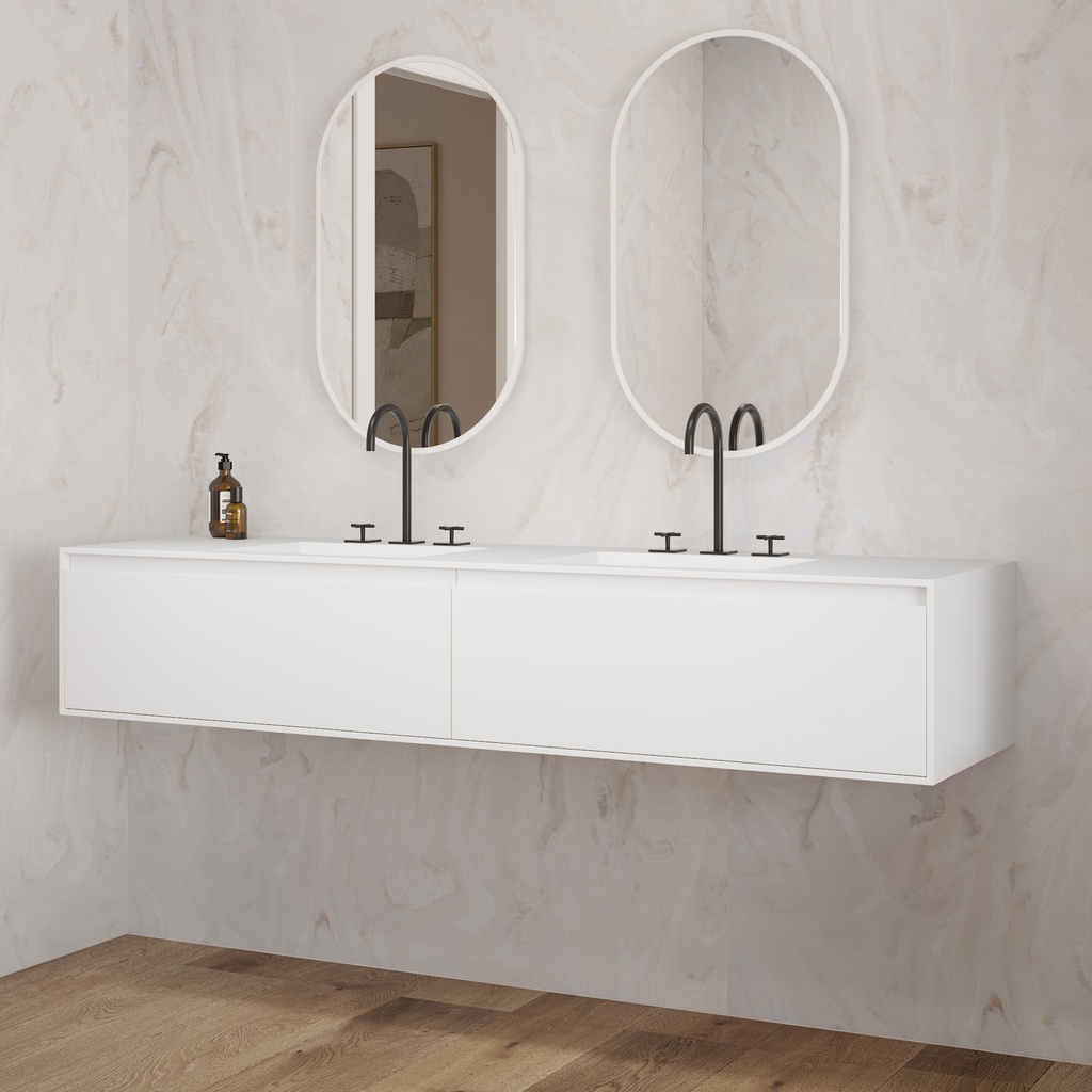 Gaia Corian Edge Vanity Unit with Corian Basin 2 Aligned Drawers Luxe Size White Std handle Side View
