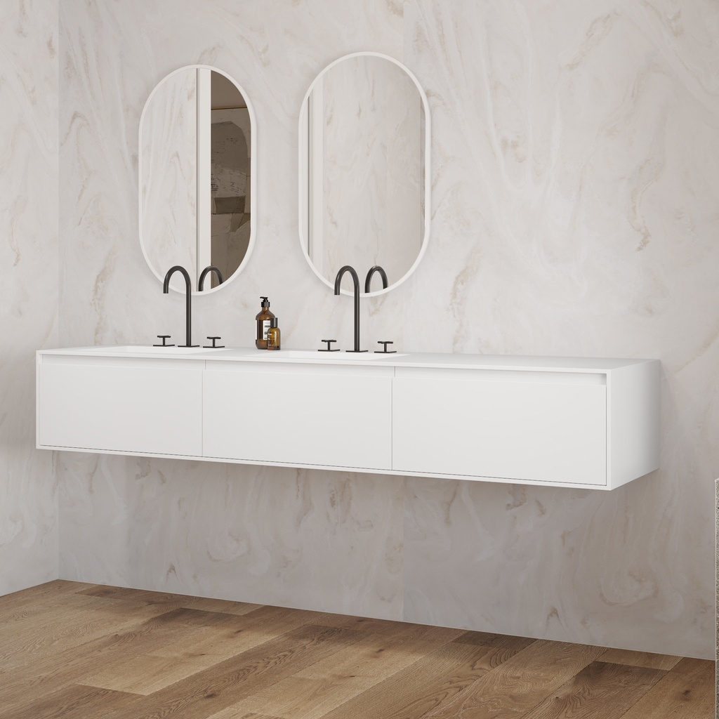Gaia Corian Edge Vanity Unit with Corian Basin 3 Aligned Drawers Luxe Size White Std handle Side View