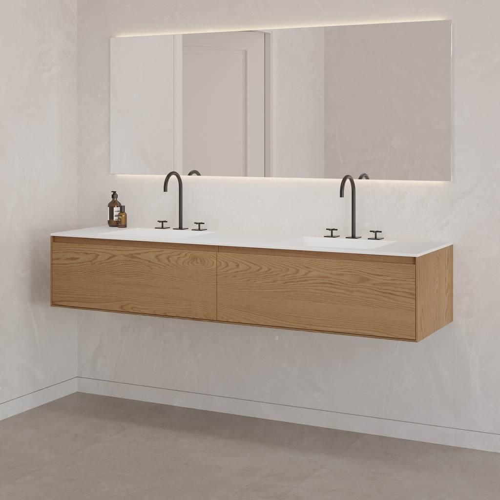 Gaia Wood Edge Vanity Unit with Corian Basin 2 Aligned Drawers Luxe Size Pure Std handle Side View